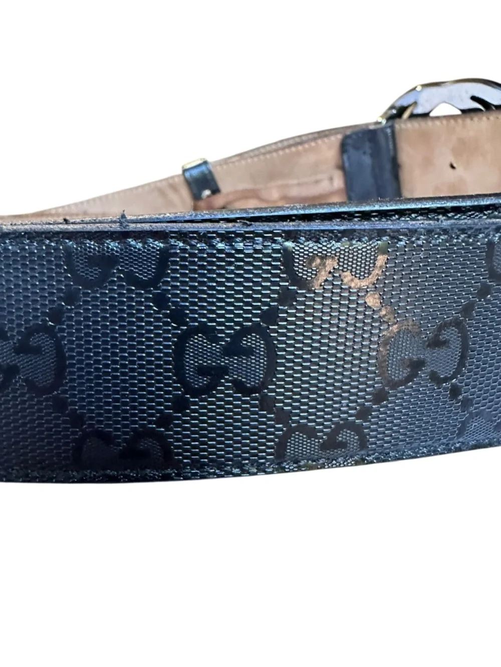 Authentic GUCCI Leather Belt With Black GG Interlocking Imprime Canvas 48 Large